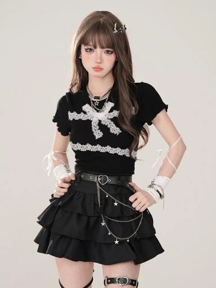 Women Black Gothic A-line Cake Skirt Vintage Y2k Skirt Aesthetic Harajuku Korean Elegant Kawaii Emo Skirts 2000s Trashy Clothes Dark Tiger