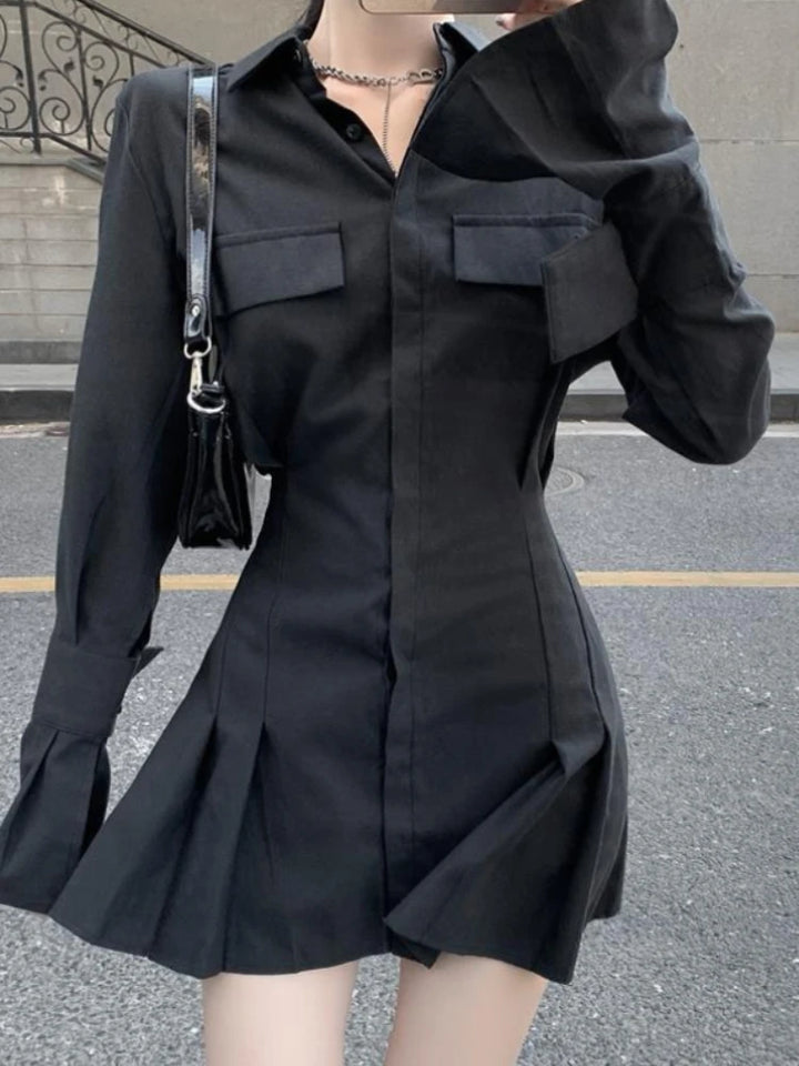 Elegant Pleated Shirt Dress Dark Tiger