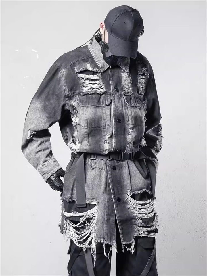 Ripped Long Denim Jacket Dark Tiger