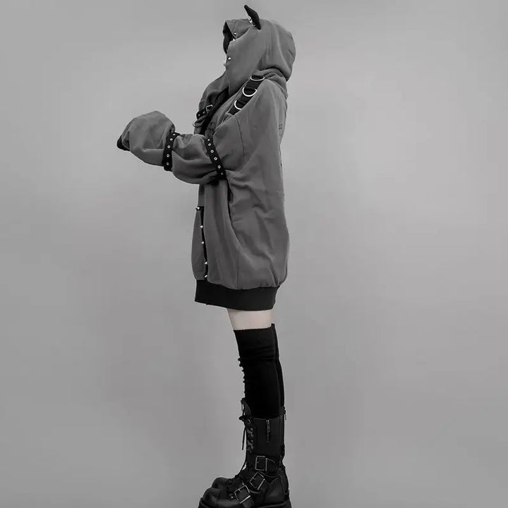 Y2k Aesthetic Letter Print Punk Hoodies Women Grunge Loose Pocket Oversized Hoody Harajuku Casual Streetwear Zipper Sweatshirts Dark Tiger