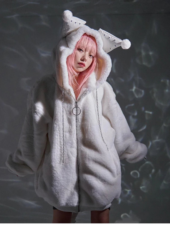 Kawaii Faux Fur Hooded Jacket with Ears Dark Tiger