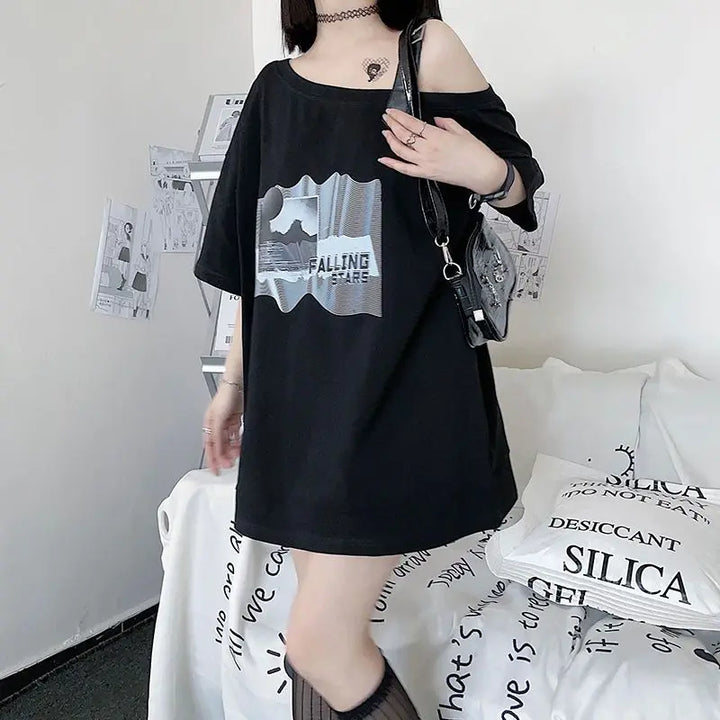 Oversized Off Shoulder Korean T-Shirt Dark Tiger