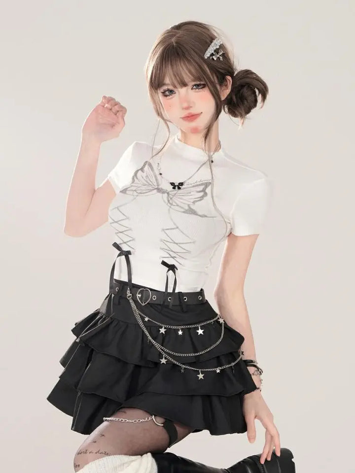 Women Black Gothic A-line Cake Skirt Vintage Y2k Skirt Aesthetic Harajuku Korean Elegant Kawaii Emo Skirts 2000s Trashy Clothes Dark Tiger