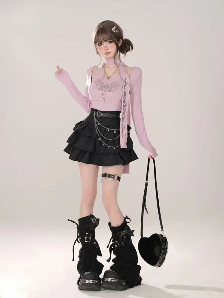Women Black Gothic A-line Cake Skirt Vintage Y2k Skirt Aesthetic Harajuku Korean Elegant Kawaii Emo Skirts 2000s Trashy Clothes Dark Tiger