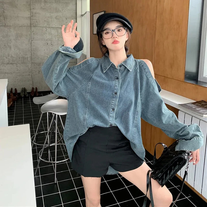 Retro Open Shoulders Oversized Denim Shirt Dark Tiger