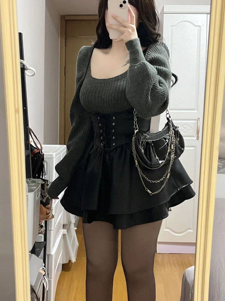 Korean Casual Outfit Set - Sweater & Mini Dress Dark Tiger