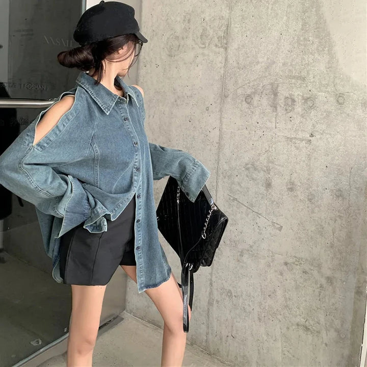 Retro Open Shoulders Oversized Denim Shirt Dark Tiger