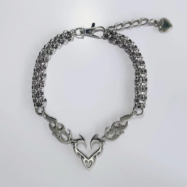 Punk Flamed Heart Chain Necklace Dark Tiger