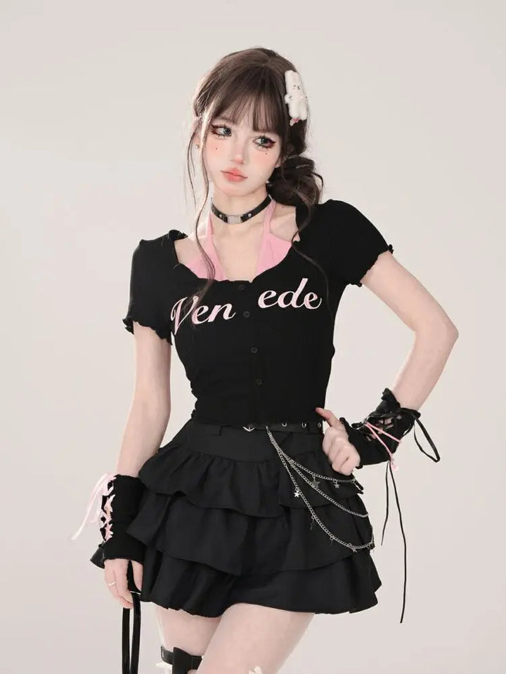 Women Black Gothic A-line Cake Skirt Vintage Y2k Skirt Aesthetic Harajuku Korean Elegant Kawaii Emo Skirts 2000s Trashy Clothes Dark Tiger
