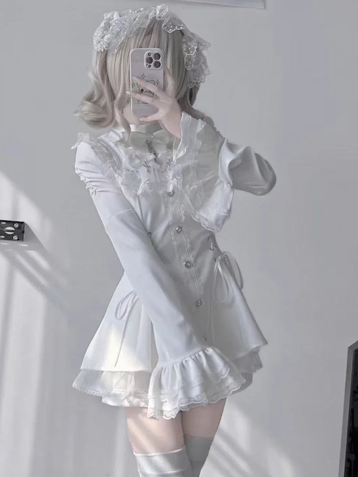 Gothic Vintage Hot Girl Slim Patchwork Dress Women Fashion Lace Skinny Long Sleeve Dresses France Sweet White Clothing New 2025 Dark Tiger