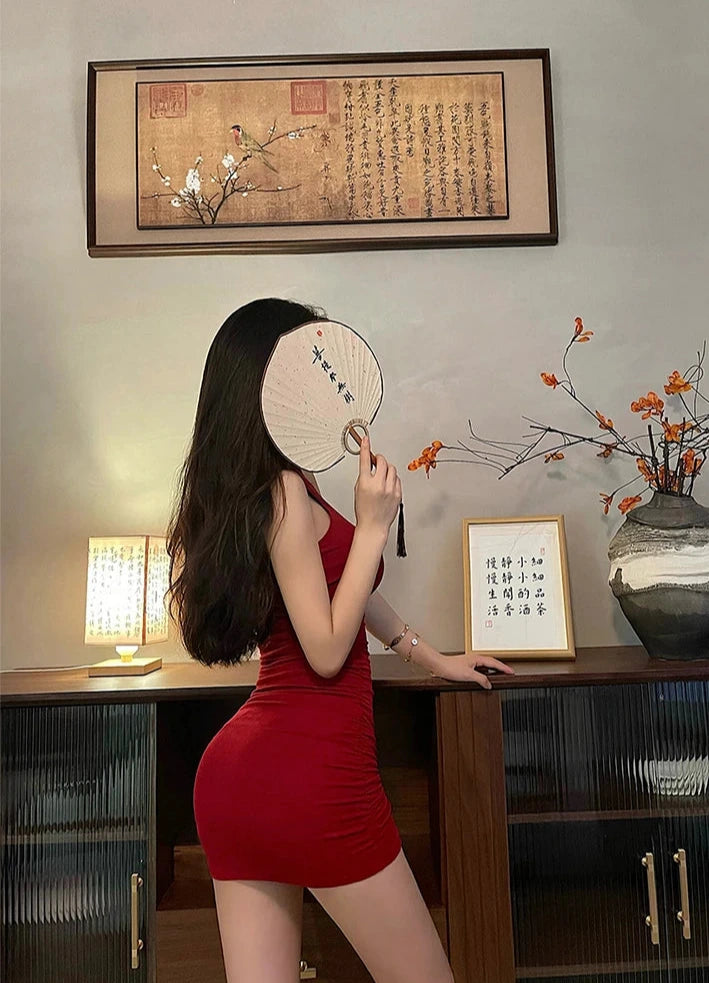 Summer Sexy High Neck Tight Dress Oversleeve Pleated Bottom Wrapped Hip Dress Women Bodycon Dark Tiger