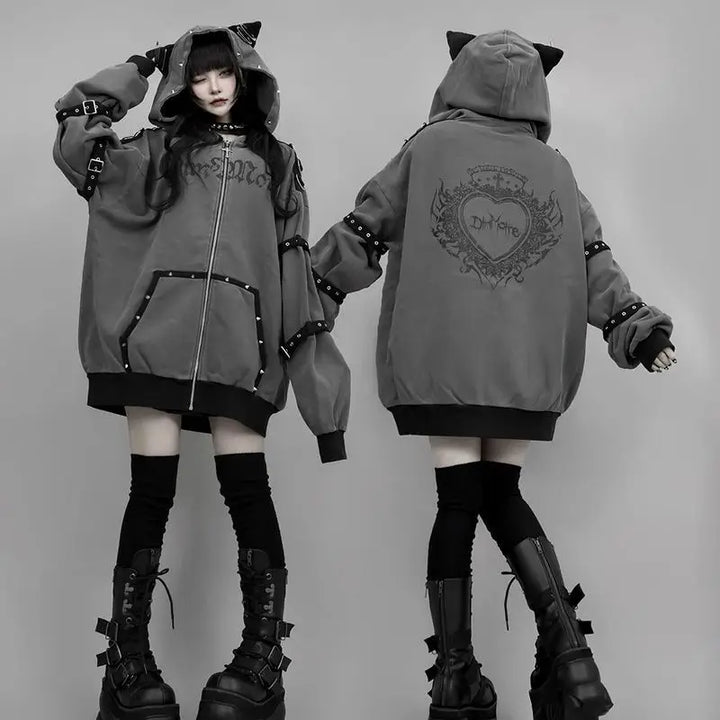 Y2k Aesthetic Letter Print Punk Hoodies Women Grunge Loose Pocket Oversized Hoody Harajuku Casual Streetwear Zipper Sweatshirts Dark Tiger