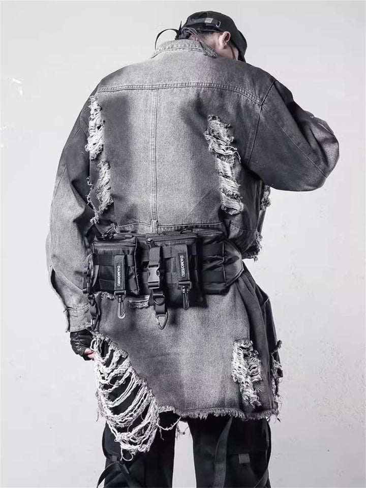 Ripped Long Denim Jacket Dark Tiger