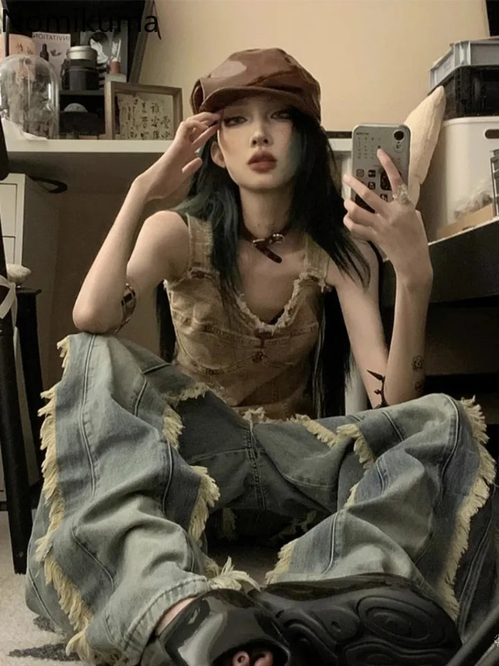 Vintage Washed Denim Top Dark Tiger