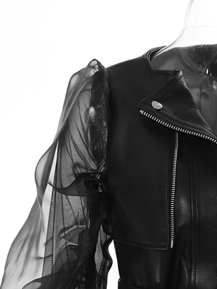 Sheer Ruffle Eco Leather Moto Jacket Dark Tiger