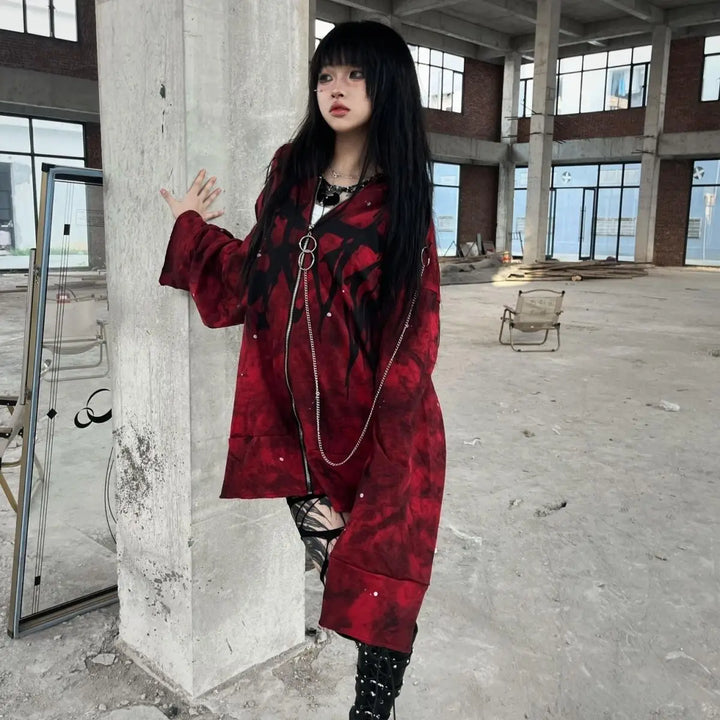 Y2K Oversized Zip Hoodie Dark Tiger