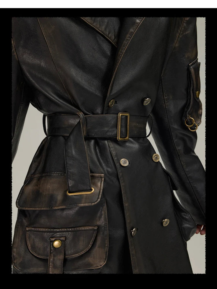 Vintage Distressed Eco-Leather Trench Coat Dark Tiger