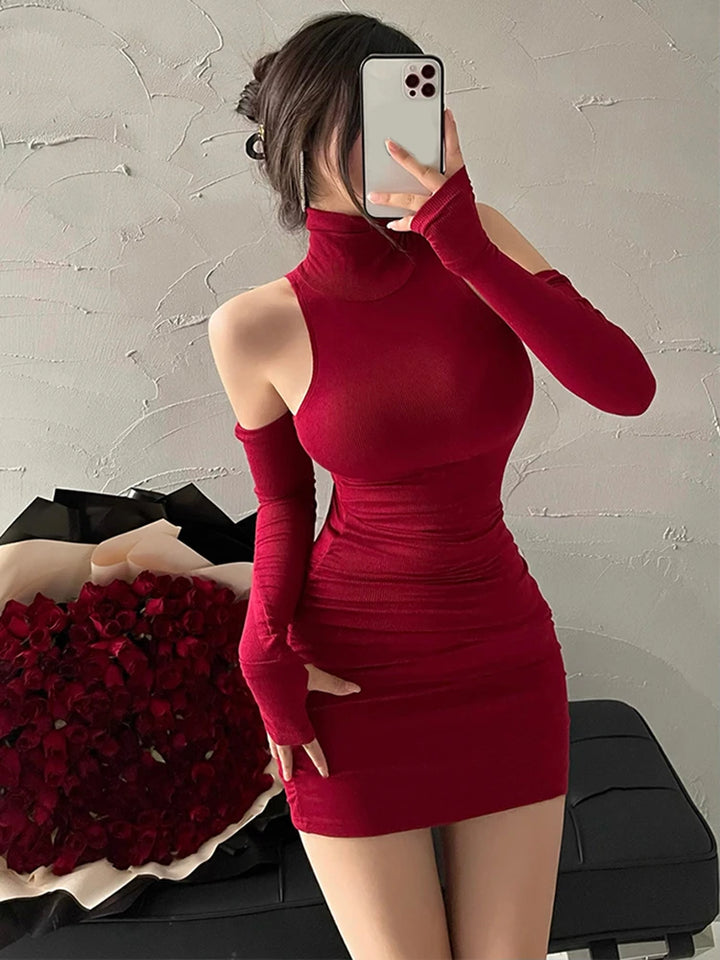 Summer Sexy High Neck Tight Dress Oversleeve Pleated Bottom Wrapped Hip Dress Women Bodycon Dark Tiger