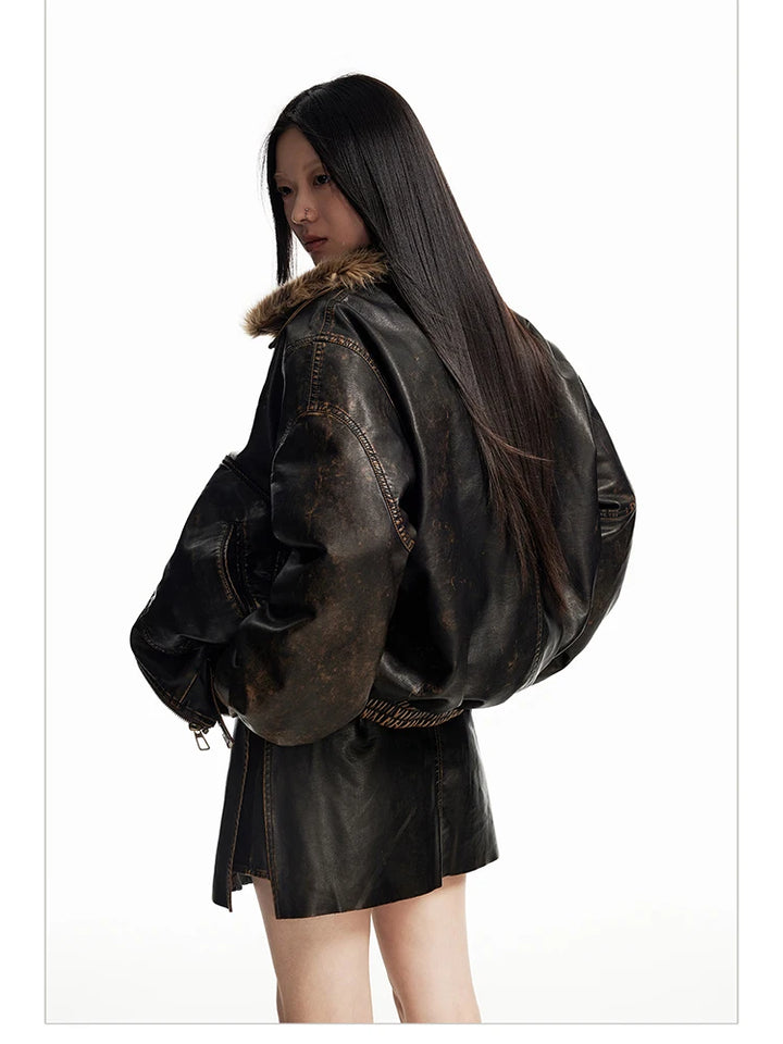 Vintage Distressed Eco-leather Jacket Dark Tiger