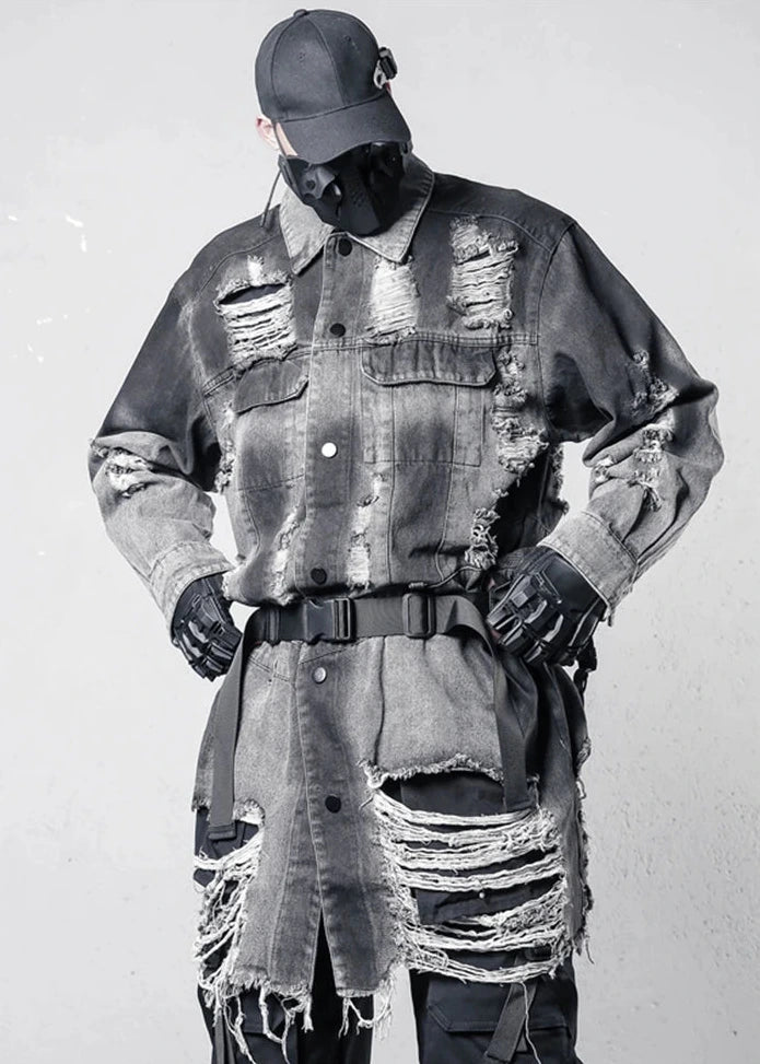 Ripped Long Denim Jacket Dark Tiger