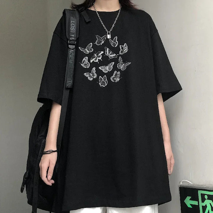 Vintage Women T Shirt Cute Butterfly Print Harajuku Gothic Y2K Black Short Sleeve Oversized T-shirt Kawaii Casual Aesthetic Tops Dark Tiger