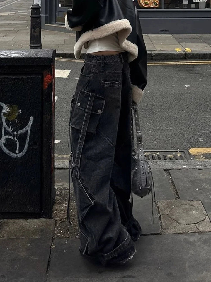 Y2K Washed Baggy Cargo Jeans Dark Tiger