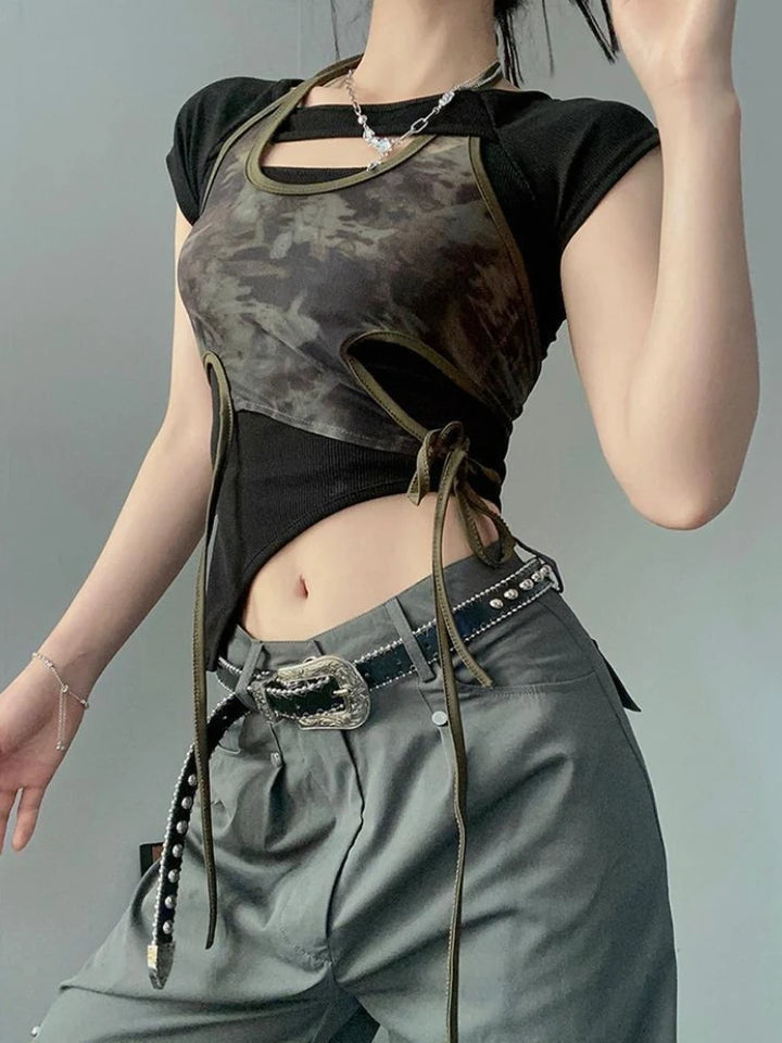 Camouflage Style Outfit Set - Camisole & T-Shirt Dark Tiger