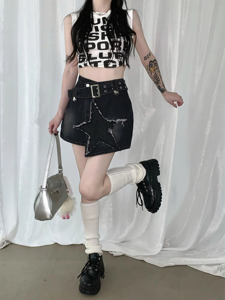 Y2k Denim Asymmetrical Mini Skirt Dark Tiger