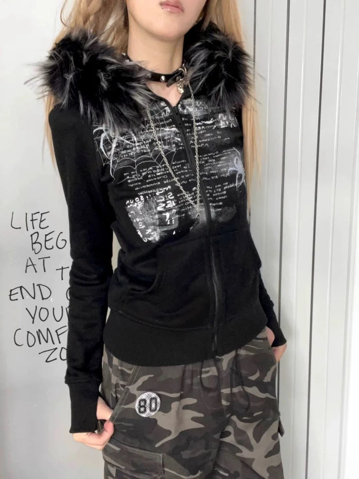 Y2K Grunge Hooded Jacket Dark Tiger
