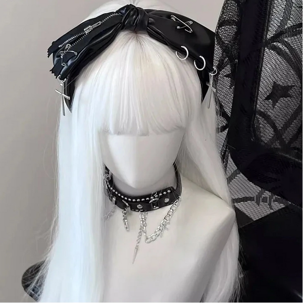 Gothic Bow Leather Harajuku Punk Zipper Pin Headbands Women Subculture Streewear Hair Band Y2K Girl  Headdress Hair Accessories Dark Tiger