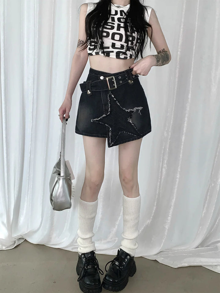 Y2k Denim Asymmetrical Mini Skirt Dark Tiger