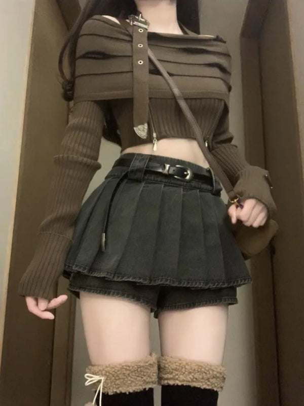 Korean Y2K Outfit Set - Longsleeve Top & Mini Skirt Dark Tiger