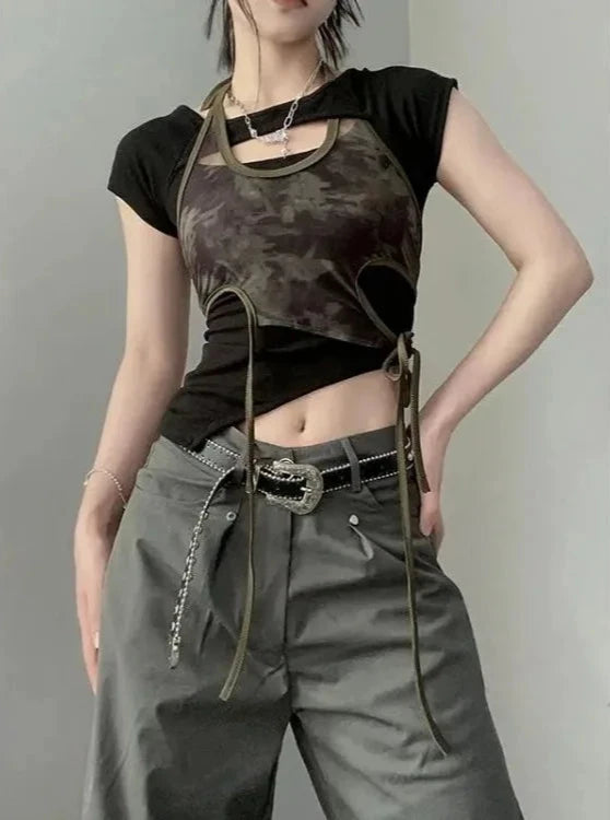 Camouflage Style Outfit Set - Camisole & T-Shirt Dark Tiger