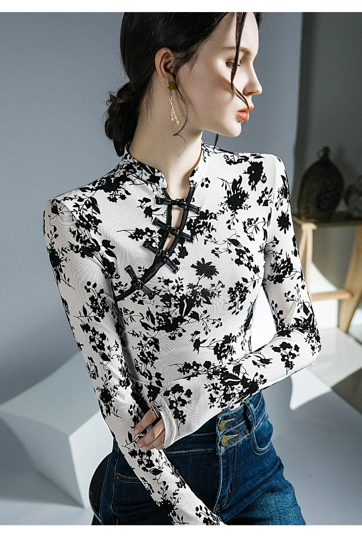 Chinese Stand Collar Long Sleeve Top Dark Tiger