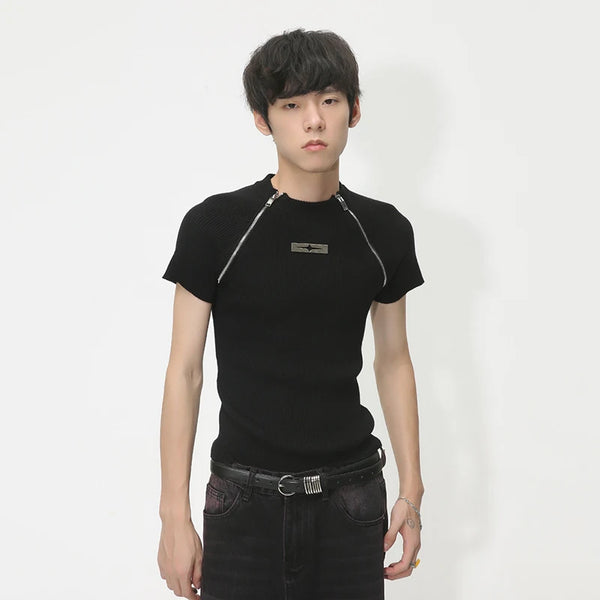 Short-sleeve Knitted Zipper T-Shirt Dark Tiger