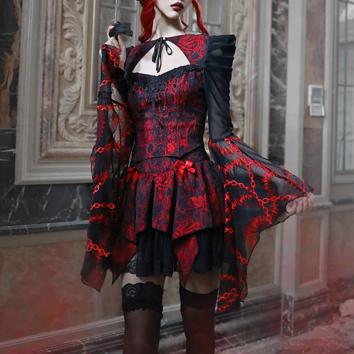 Gothic Red Lace Outfit Set - Blouse & Skirt Dark Tiger