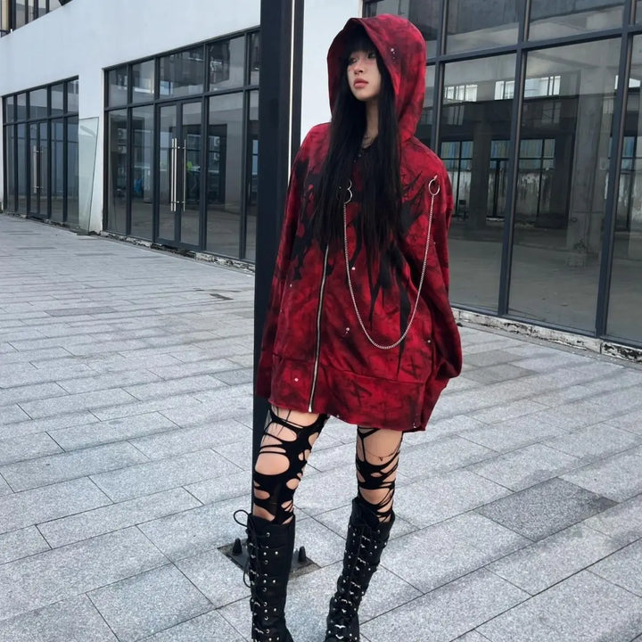 Y2K Oversized Zip Hoodie Dark Tiger