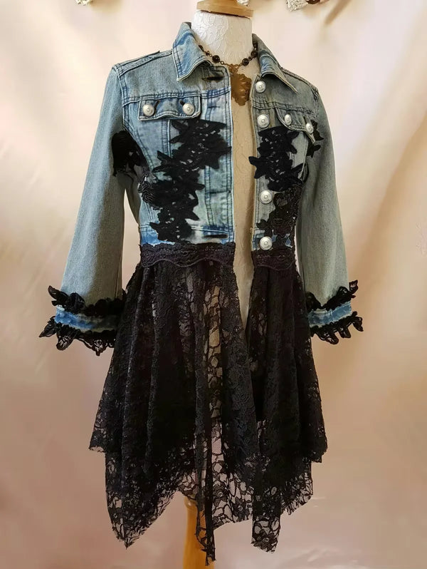 Irregular Guipure Patchwork Denim Jacket Dark Tiger