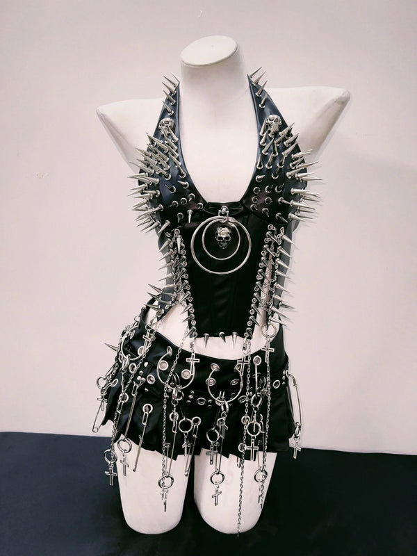 Punk Spiked Outfit Set - Crop Top & Skirt Dark Tiger