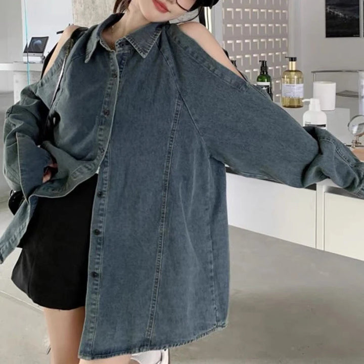 Retro Open Shoulders Oversized Denim Shirt Dark Tiger