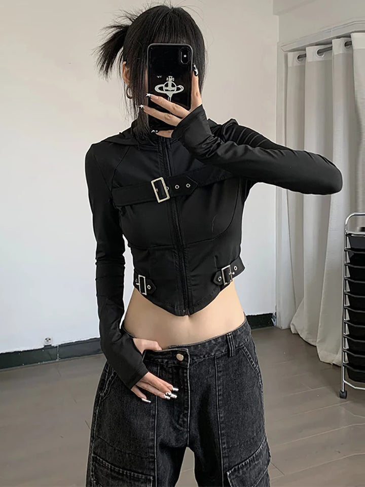 Dark Techwear Hooded Crop Top Dark Tiger