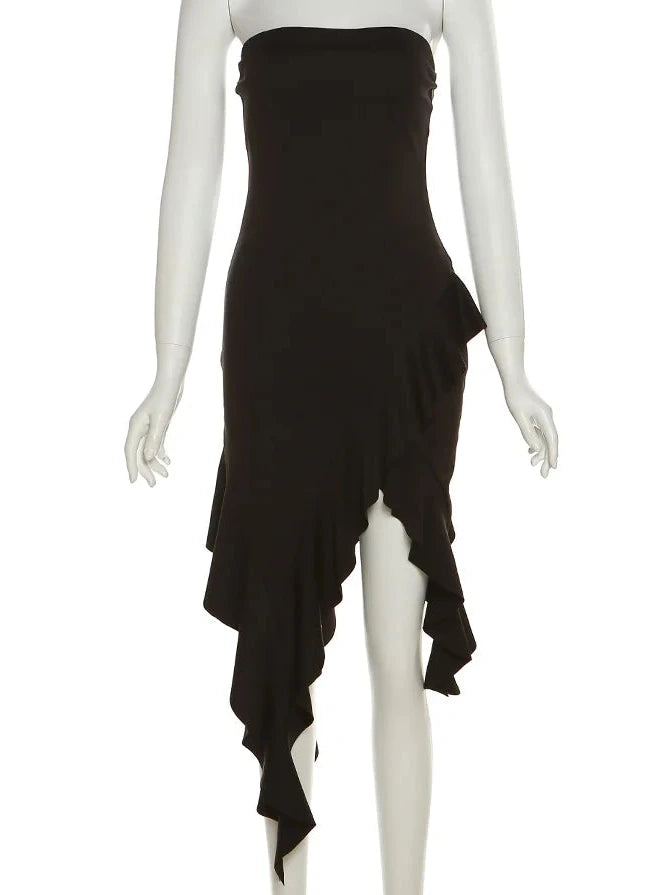 Asymmetrical Ruffle Tube Dress Dark Tiger