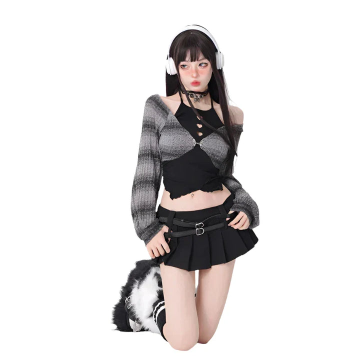 Pastel Gothic Retro Outfit Set - Short Skirt & Cardigan Dark Tiger