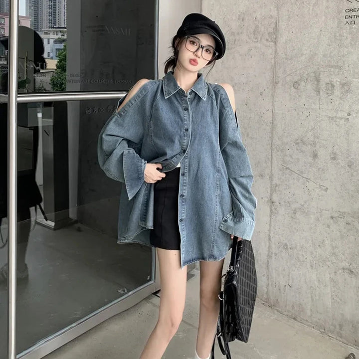 Retro Open Shoulders Oversized Denim Shirt Dark Tiger