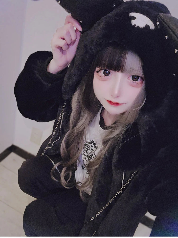 Kawaii Faux Fur Hooded Jacket with Ears Dark Tiger