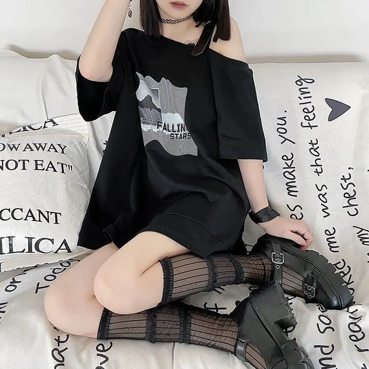 Oversized Off Shoulder Korean T-Shirt Dark Tiger