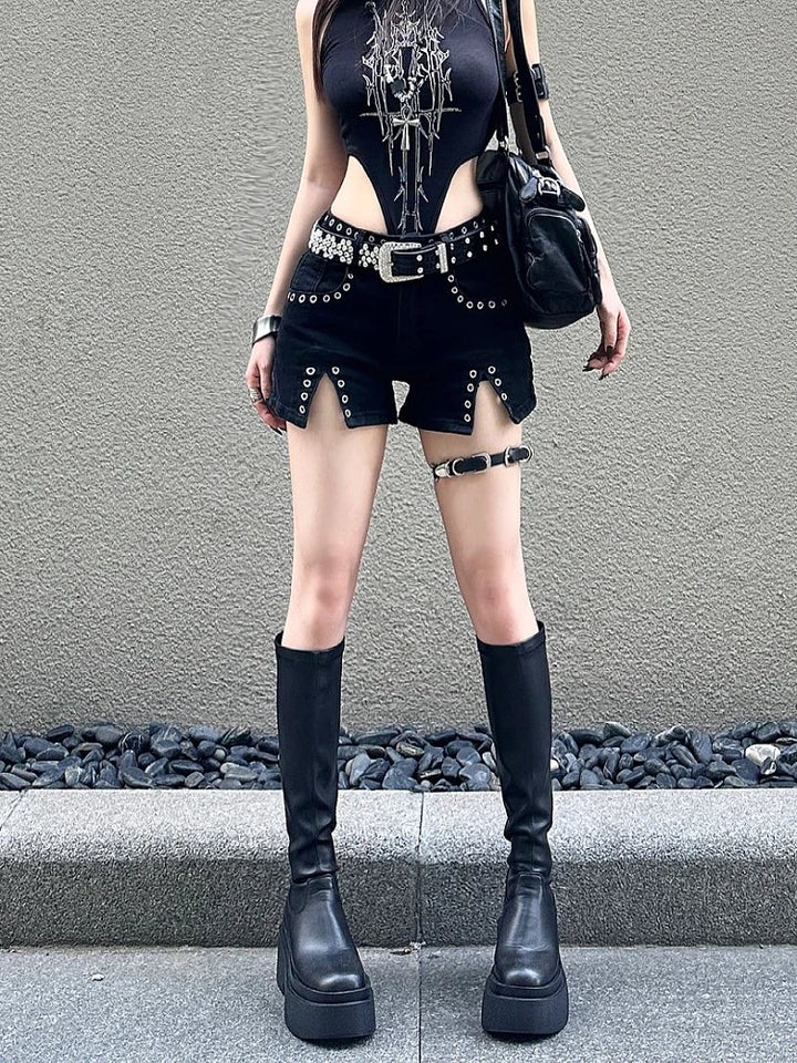 Punk Low Waist Denim Shorts Dark Tiger