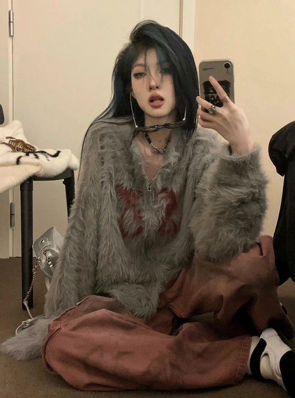 Harajuku Y2K Fluffy Cardigan Dark Tiger