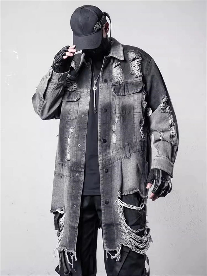 Ripped Long Denim Jacket Dark Tiger