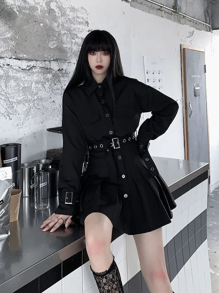 Gothic Pleated Shirt Dress Dark Tiger